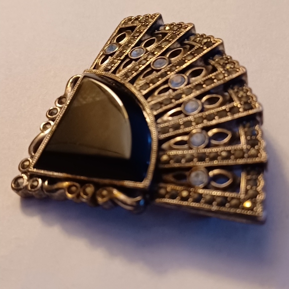 Monet Jewelry - Vtg Monet Fan Brooch/Pin Silver Tone, Marcasite, Rhinestones and Faux Onyx